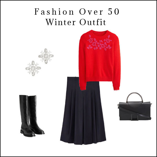 Fashion over 50 red sweater, black culottes