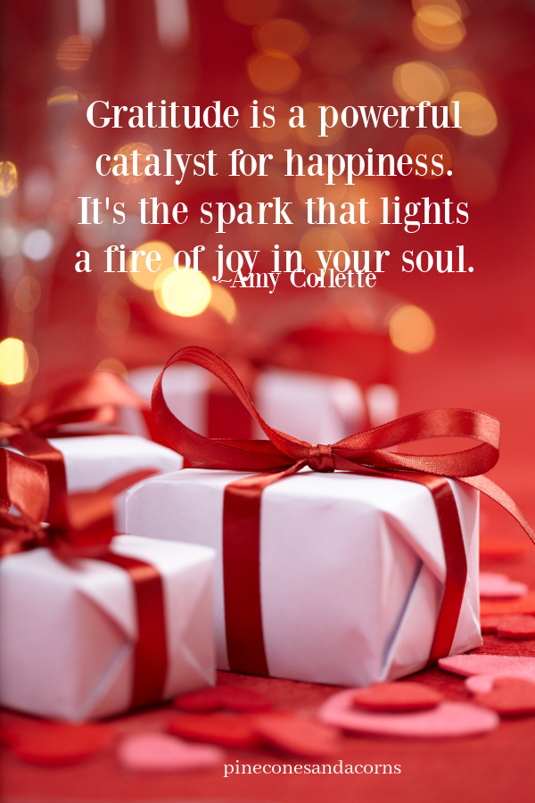 Gratitude quote overlay on a pile of red and white packages.