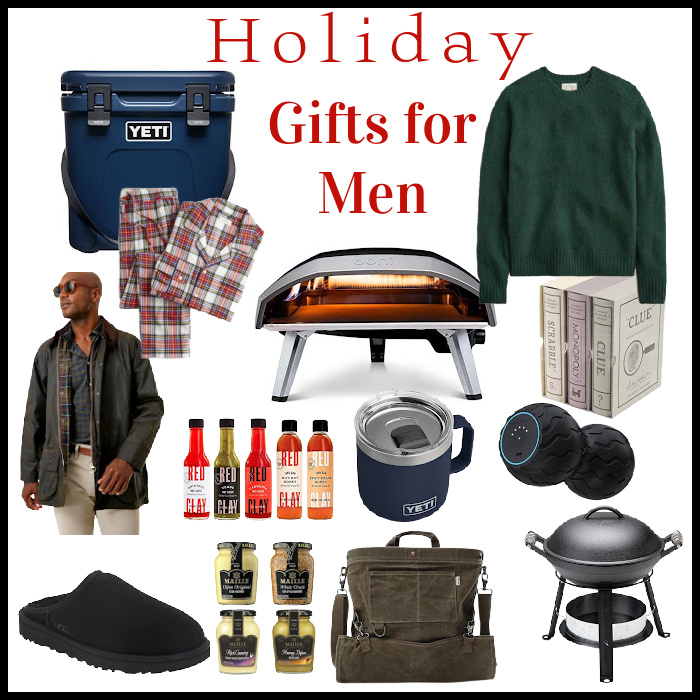 collage of holiday and christmas gifts for men.
