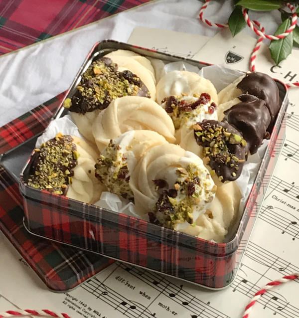Viennese Whirl Cookies Dipped in Chocolate with pistachios