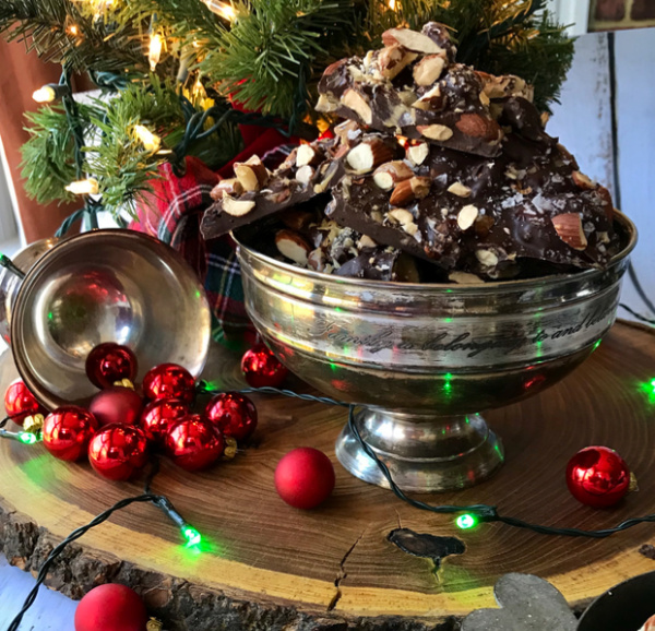 dark chocolate caramelized almond bark with sea salt