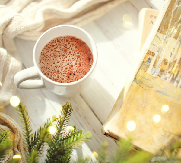 Cup of hot chocolate and books with ever greens