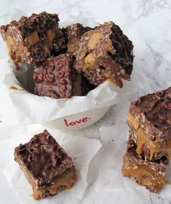 caramel stuffed Dark-chocolate-peanut butter krispie bars.