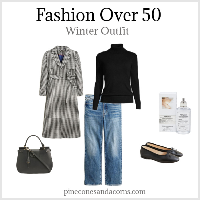 Winter outfit with jeans black turtleneck black bag ballet flats perfume and pink nail polish.