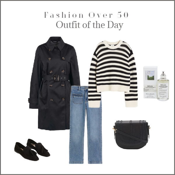 Fashion over 50 Outfit of the Day with Black and White sweater and jeans.