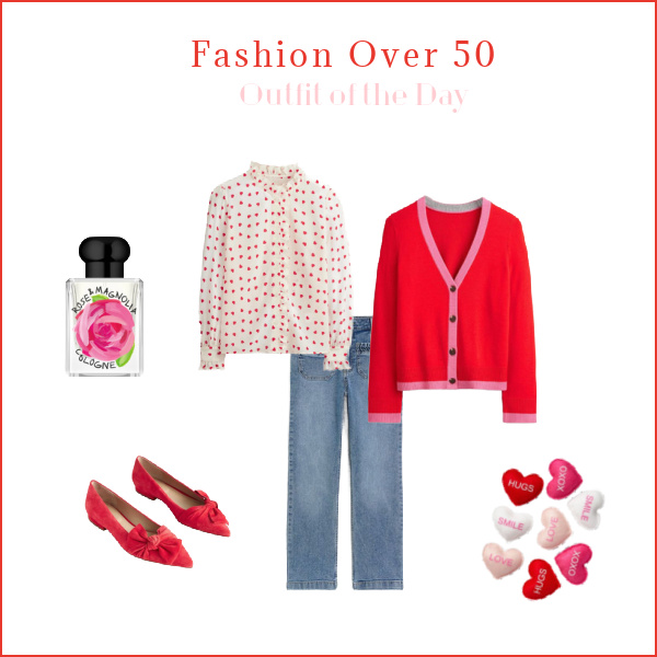 Fashion over 50 Valentine Outfit Red Sweater and heart shirt with red ballet flats.