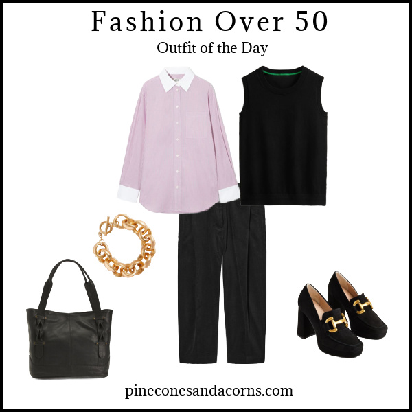 Fashion over 50 Collage with black pants, sweater vest, buckle shoes and a pink and white stripe shirt.