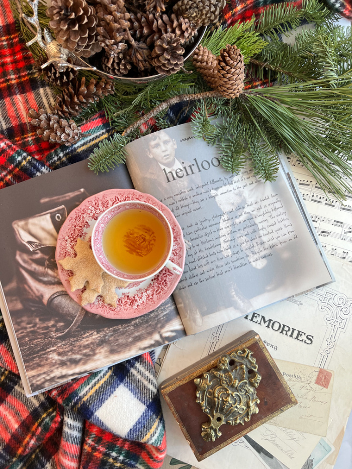 Flatlay with evergreen a cup of tea and cookies and a book.