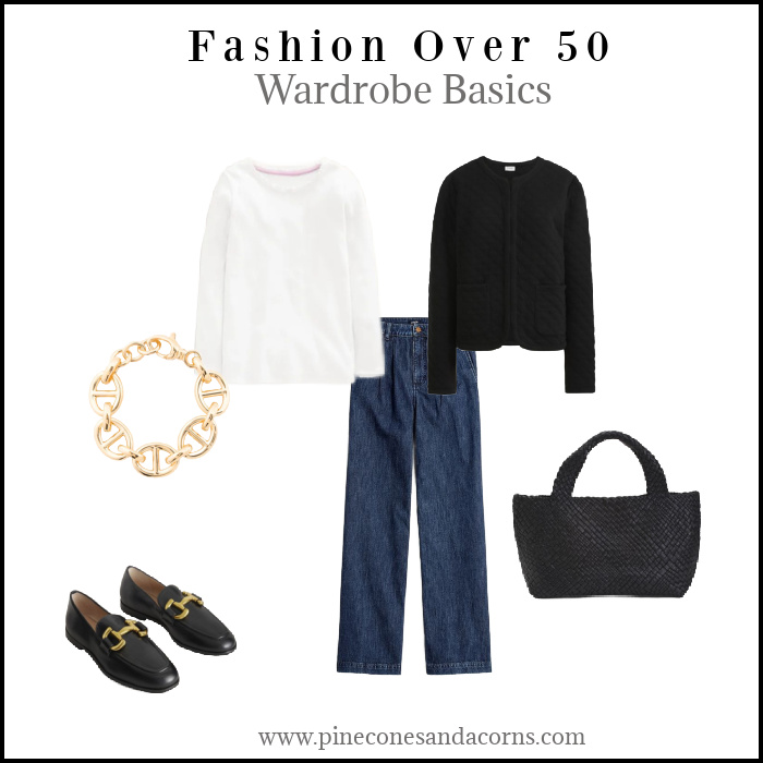 Fashion over 50 Wardrobe Basics with trouser jeans, a white t-shirt, black lady jacket, loafers, black tote and a simple gold bracelet. 