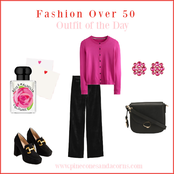 Fashion over 50 outfit of the day Boden Pink Sweater and black pants, shoes and bag and pink earrings.