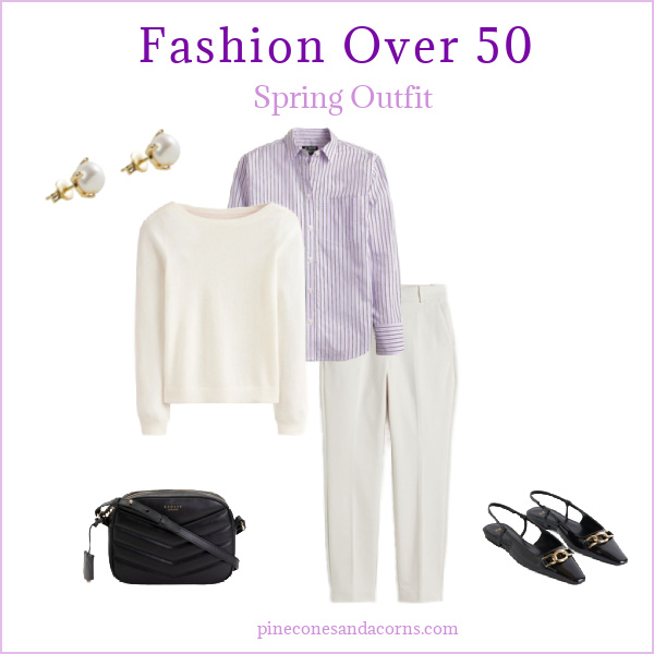 Fashion over 50 outfit collage with ivory pants and sweater, black sling-back shoes with gold buckles, a black bag, a lilac stripe shirt and pearl earrings. 