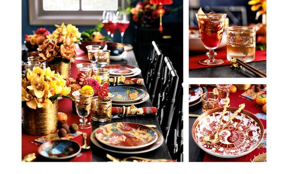 collage of lunar new year decor and tableware. 