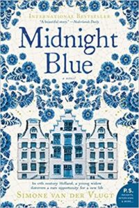 Cover of Midnight Blue with blue and white Delft houses. 