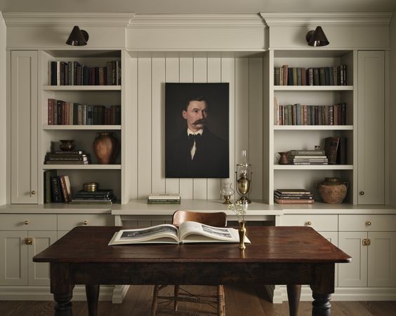 Tiffany Leigh Design, office with vintage desk and white bookcases.