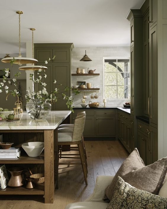 Tiffany Leigh Design, kitchen with green cabinets and a large island.