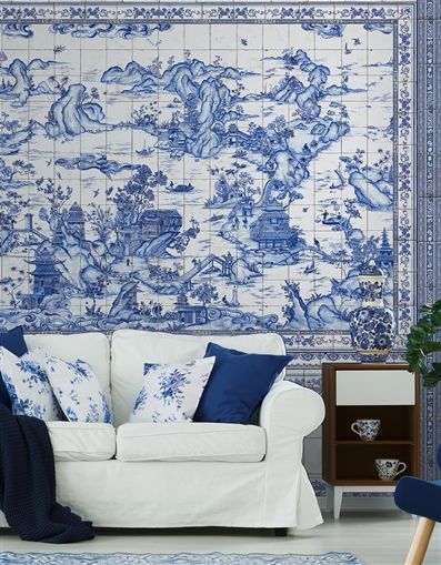 WILLIAMSBURG Mural Collection X Paul Montgomery blue and white map wall mural. 
