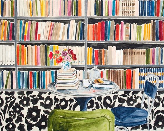 Watercolor painting of a bookshelf with a table in front. 