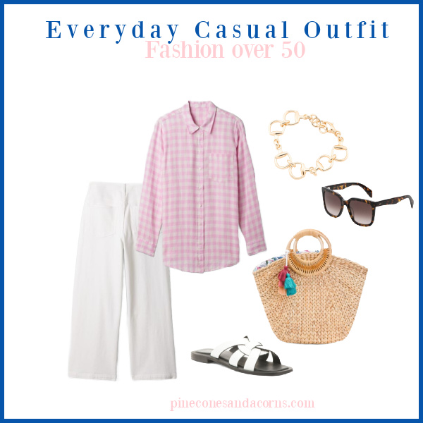 Everyday casual outfit Fashion over 50 collage with white jeans, pink linen shirt, sun glasses, gold bracelet, and a straw tote. 