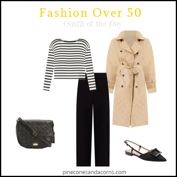 Fashion Over 50 Spring Stripe Outfit with black pants, shoes, bag, and a black and white strip shirt and tan trench coat. 