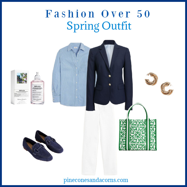 Fashion Over 50 Spring outfit with white jeans, blue shoes, blue blazer, white and blue stripe button down shirt, gold earrings and perfume.