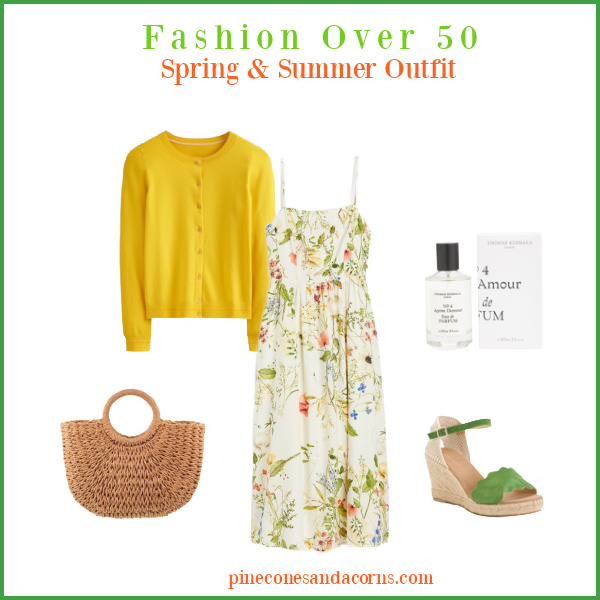 Fashion over 50 Spring Summer Floral Sundress outfit with wedge sandals, a yellow cardigan and a wicker bag.