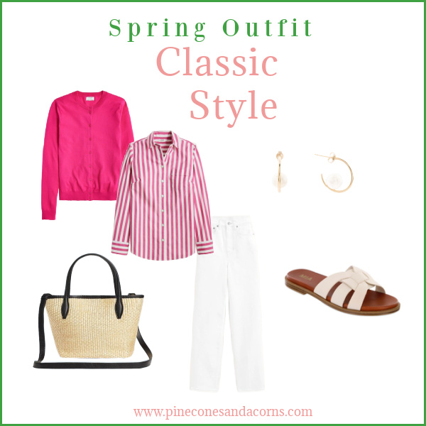 Spring Outfit Fashion over 50 with white jeans, white sandals and a pink and white shirt, pink sweater and pearl earring. 