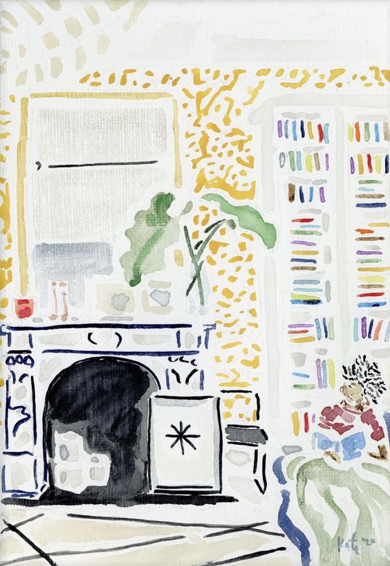 Watercolor painting of a fireplace and a wall of books. 