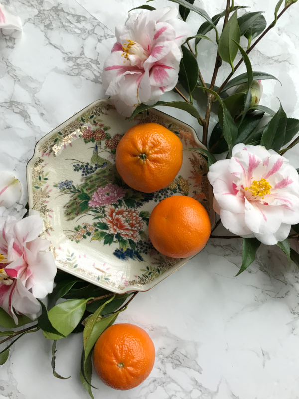 oranges and camellia flowers on a chinoiserie plate.