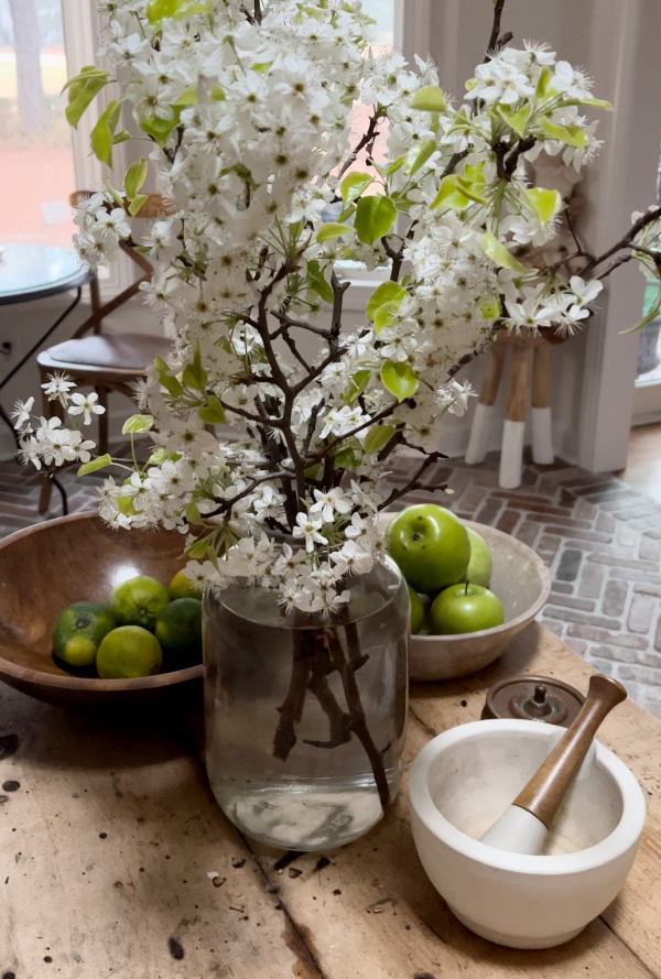 pear blossoms and green apples