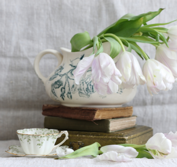 white tulips in a transfer ware bowl sitting on vintage books with a green and white tea cup sitting at the base.