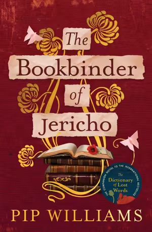 The Bookbinder of Jericho book cover, burgundy with gold flowers and stack of books. 