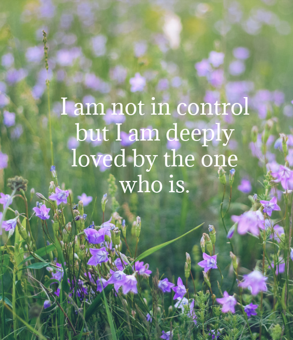 Bible Verse I am not in control but I am deeply loved by the one who is, overlay on a field of flowers.
