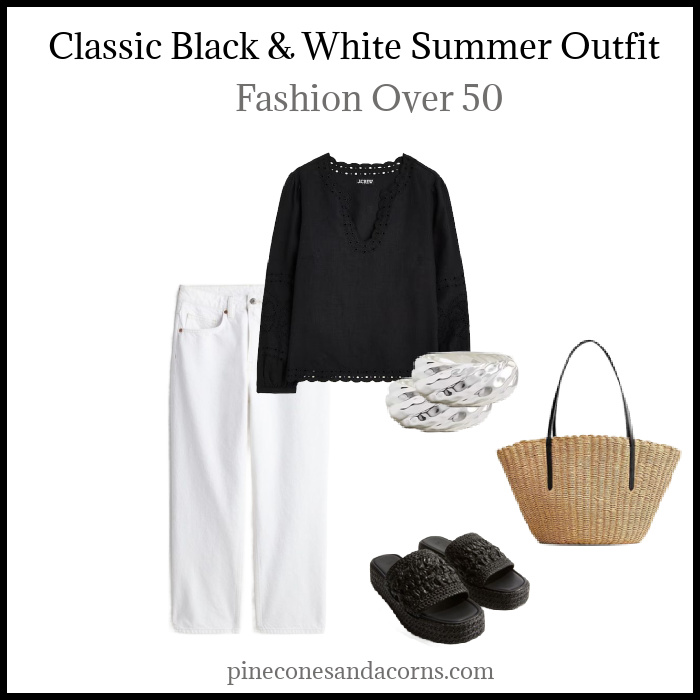 Black & White Summer Outfit Fashion Over 50 with black linen shirt, white jeans black sandals, a wicker tote with black sandals and 2 silver bangles.