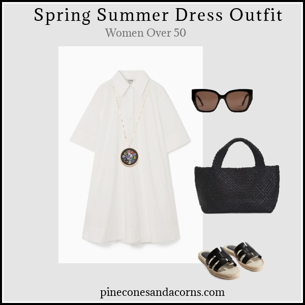 Spring Summer White Dress Outfit Women over 50 with black tote, black sandals and sunglasses and a necklace. 