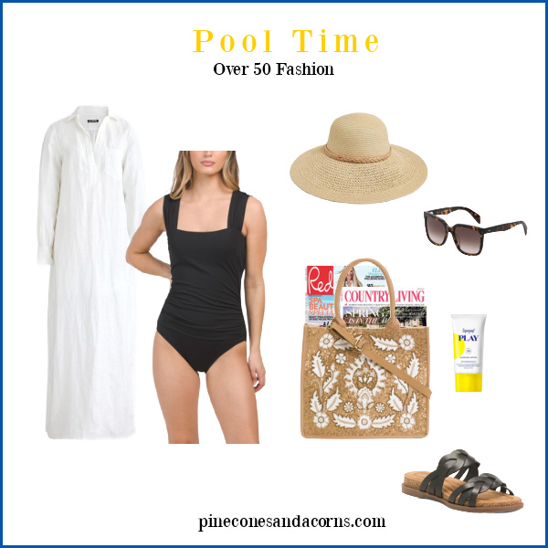 Summer Over 50 Fashion At the Pool collage with black swimsuit, white linen coverup, hat, bag, glasses, magazines and sunglasses and sandals.