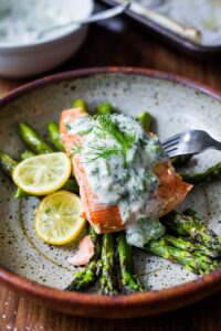 Baked Salmon with Dill Sauce. 