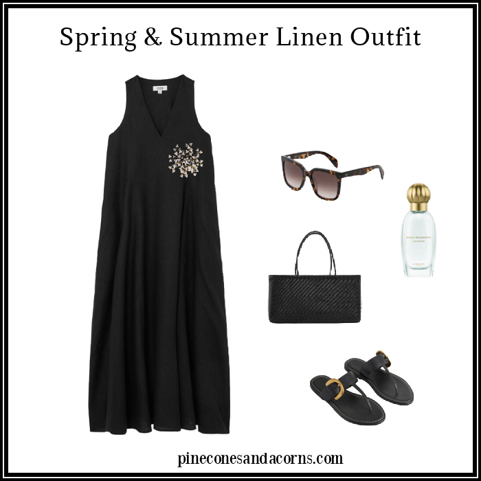 linen outfit fashion over 50 with black dress, sandals, bag, glasses and perfume.
