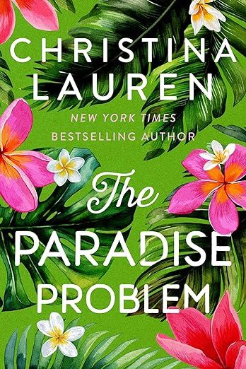 The paradise problem book cover with colorful orange and pink flowers on a green palm background. 