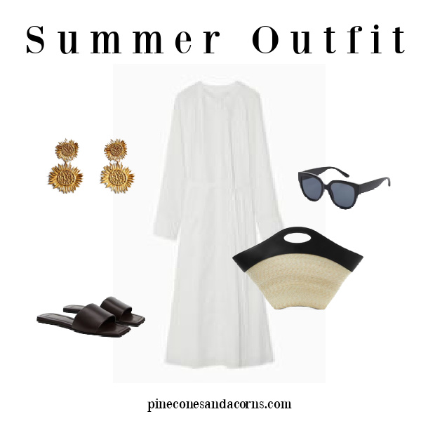 Fashion over 40 Summer Outfit, white long sleeved dress, black slide sandals, wicker and black leather tote, black sun glasses and gold sun flower earrings.