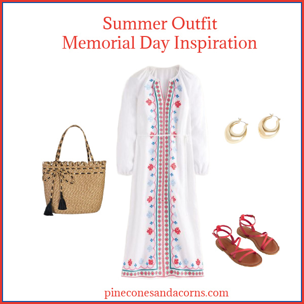 Memorial Day Outfit inspiration Women over 50, wither dress with blue and red accents, tote with blue leather, red sandals and gold earrings.