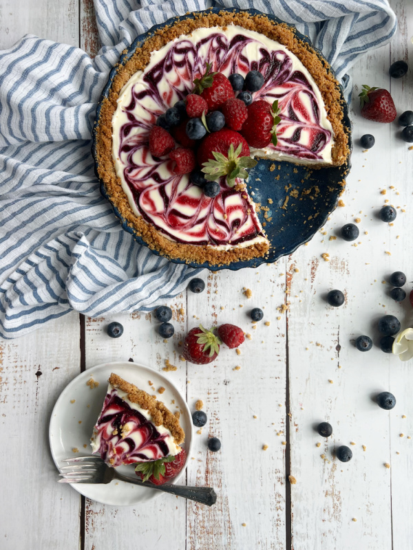 Red White and Blue No-Bake Cheesecake in a pan and on a plate.