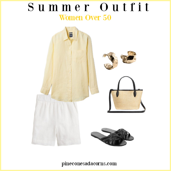 Summer Outfit with yellow linen shirt and white shorts, black sandals and a wicker bag with black handles, women over 50.