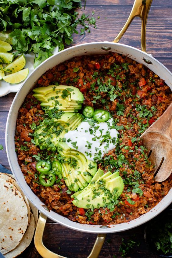 Cauliflower Rice Tacos Bowl with avocado. 