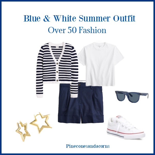 Blue and White Short Outfit Over 50 Fashion, with a stripe sweater, t-shirt and star earrings.