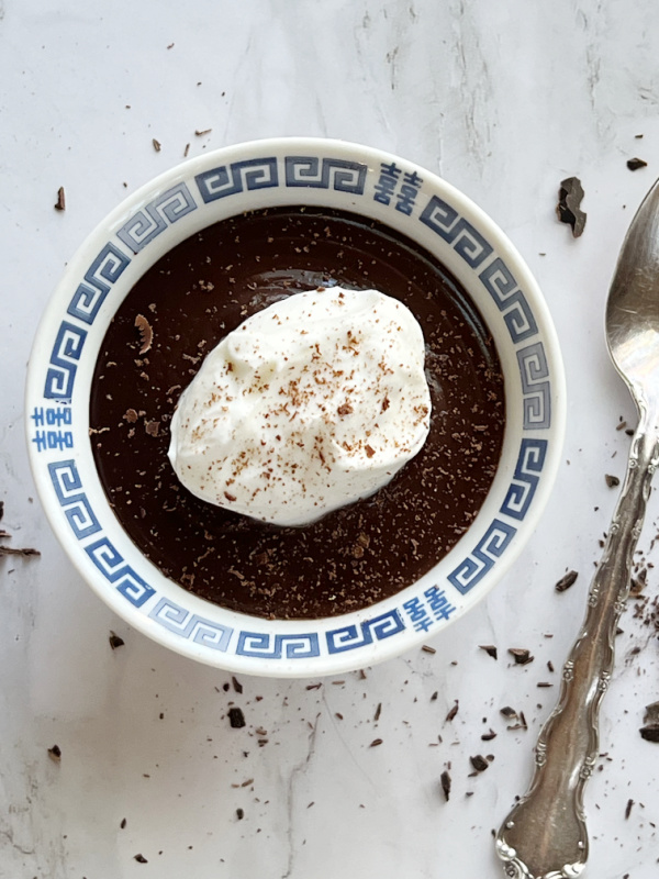 Blue and white bowl of double chocolate pudding.