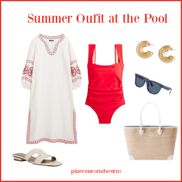 Red Swim Suit and Caftan Outfit, with white sandals, a white leather and wicker tote and blue sunglasses and gold earrings.