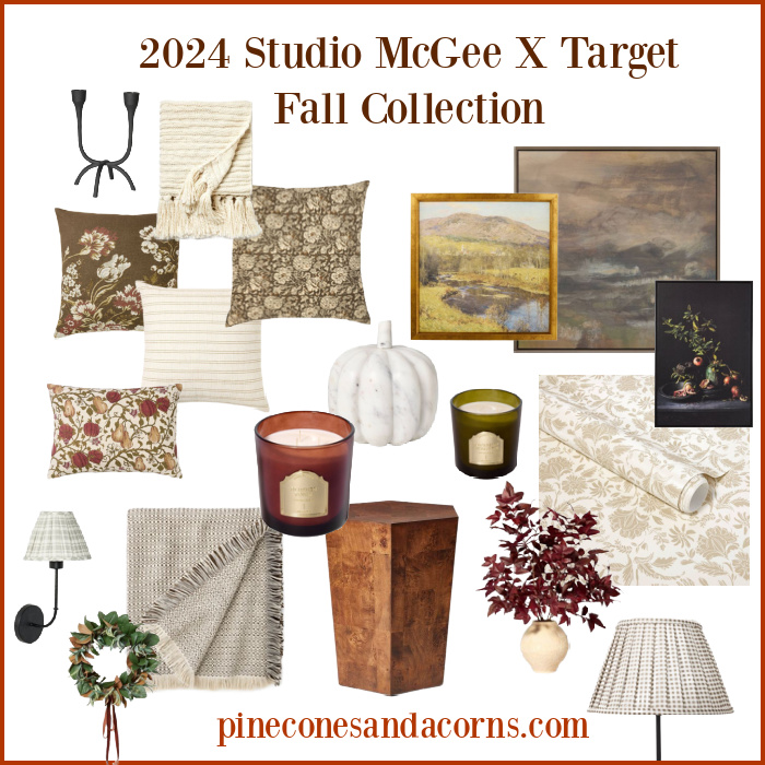 Target’s Studio McGee Fall 2024 Collection, collage of pillows, candles, lamps, art and faux leaves.