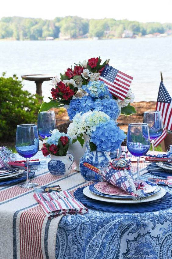 Patriotic Tablescape next to a lake.