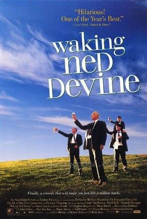 Waking Ned Devine movie poster with 3 men and a boy in black suits toasting to something. 
