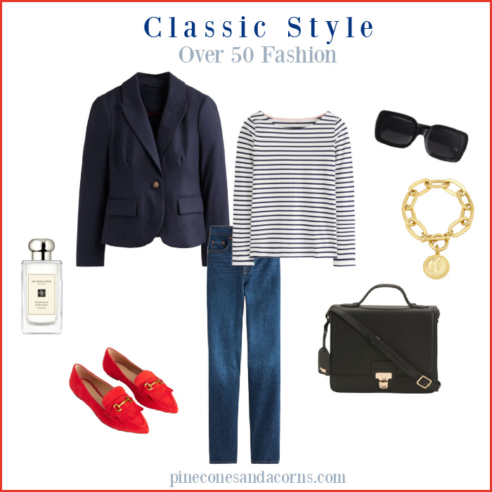 Classic Style Collage Over 50 fashion with jeans, strips shirt, blazer, red loafers, black bag, gold coin bracelet and perfume.